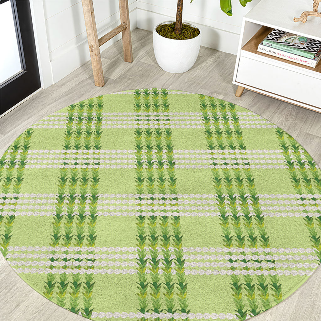 Aloha Hawaii Pakalana Pikake Lei Round Carpet Palaka Inspired Hawaiian-plaid Pastel Green
