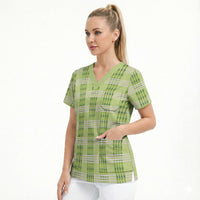 Aloha Hawaii Pakalana Pikake Lei Scrub Top Palaka Inspired Hawaiian-plaid Pastel Green