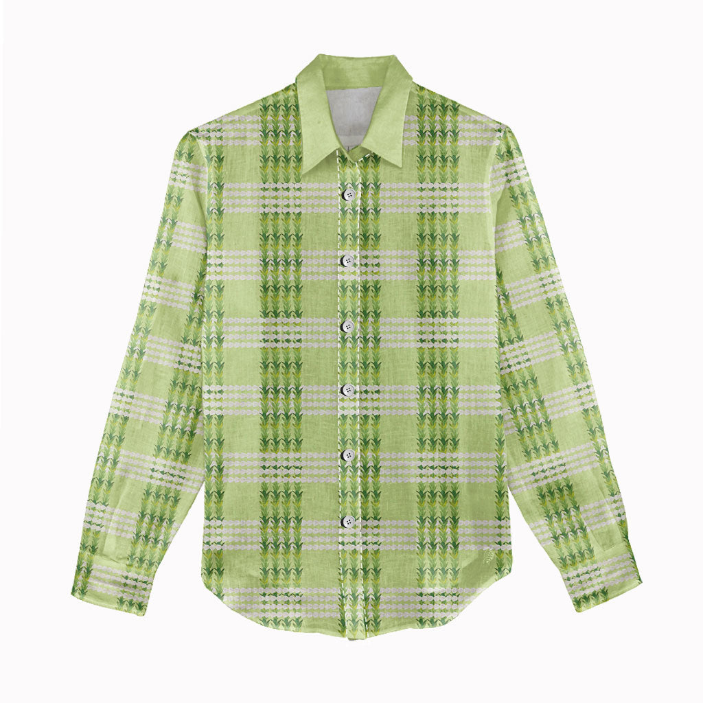 Aloha Hawaii Pakalana Pikake Lei Women Casual Shirt Palaka Inspired Hawaiian-plaid Pastel Green
