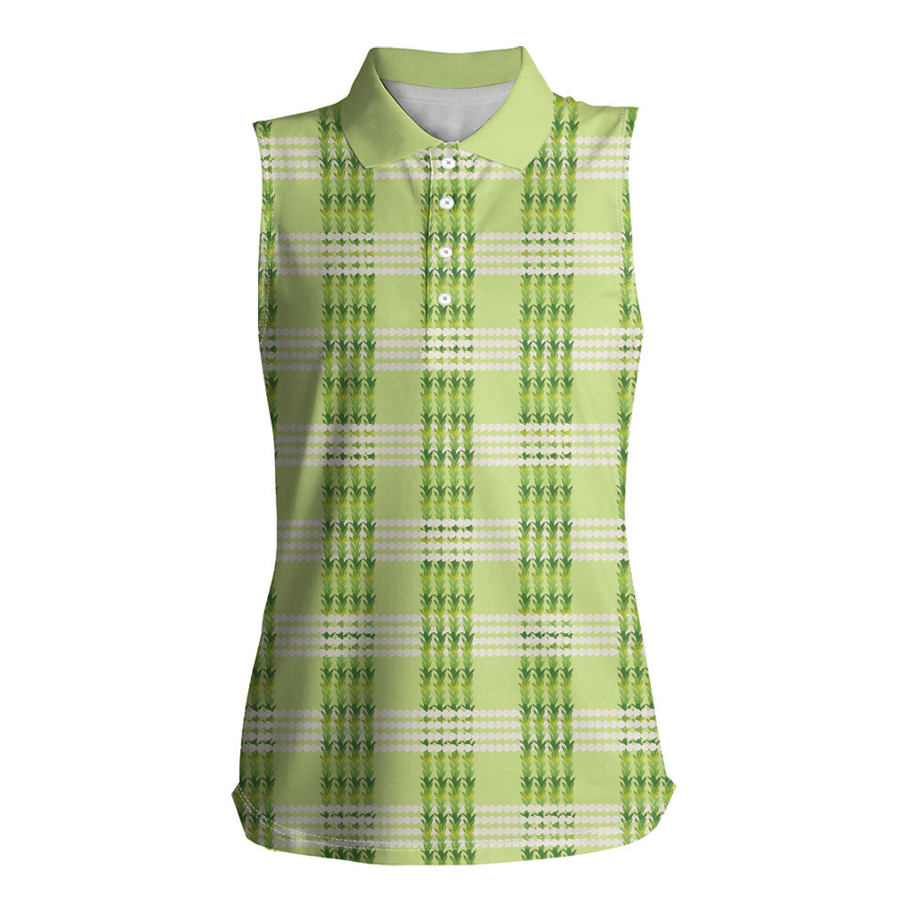 Aloha Hawaii Pakalana Pikake Lei Women Sleeveless Polo Shirt Palaka Inspired Hawaiian-plaid Pastel Green LT14 Female Green - Polynesian Pride