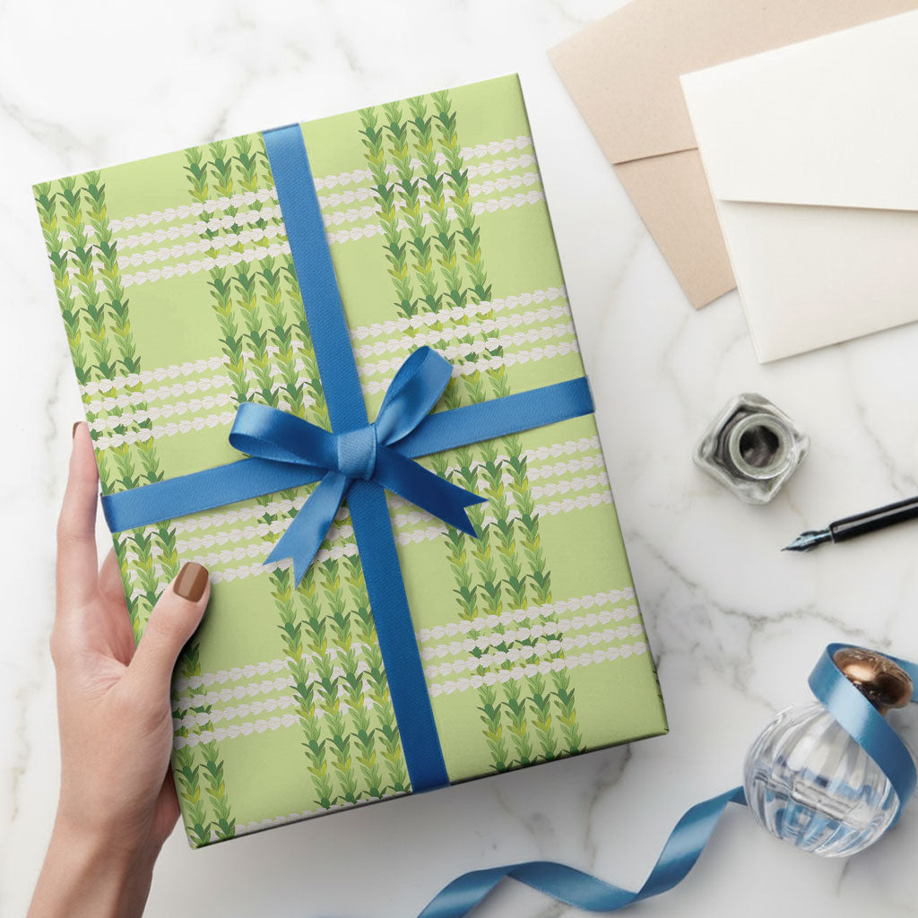 Aloha Hawaii Pakalana Pikake Lei Wrapping Paper Palaka Inspired Hawaiian-plaid Pastel Green