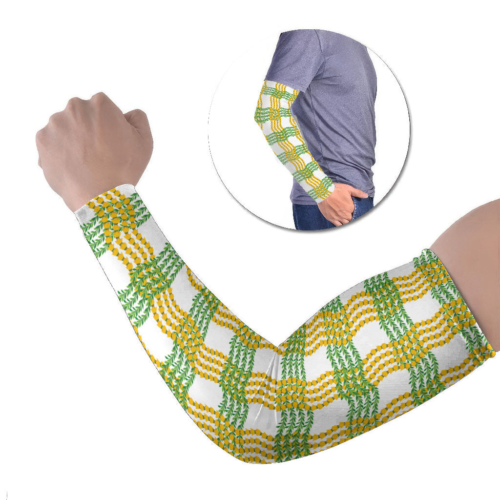 Aloha Hawaii Ilima Maile Lei Arm Sleeves Palaka Inspired Hawaiian-plaid White