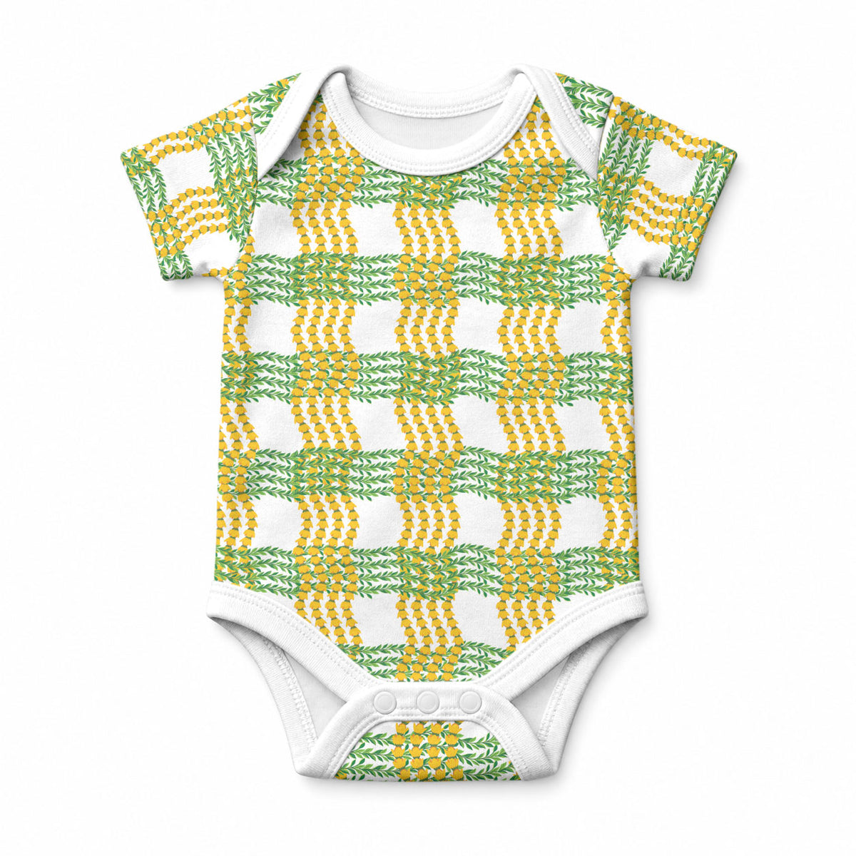 Aloha Hawaii Ilima Maile Lei Baby Onesie Palaka Inspired Hawaiian-plaid White
