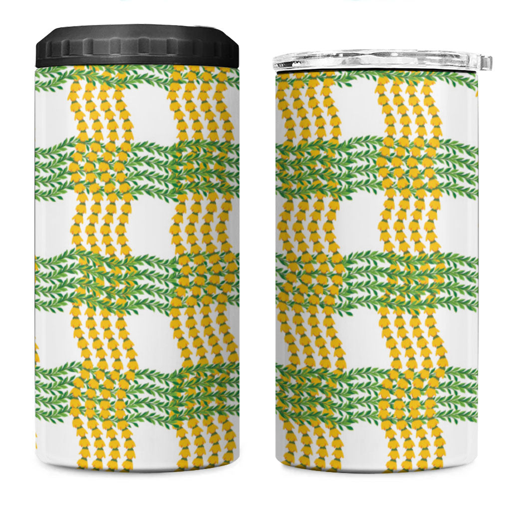 Aloha Hawaii Ilima Maile Lei 4 in 1 Can Cooler Tumbler Palaka Inspired Hawaiian-plaid White