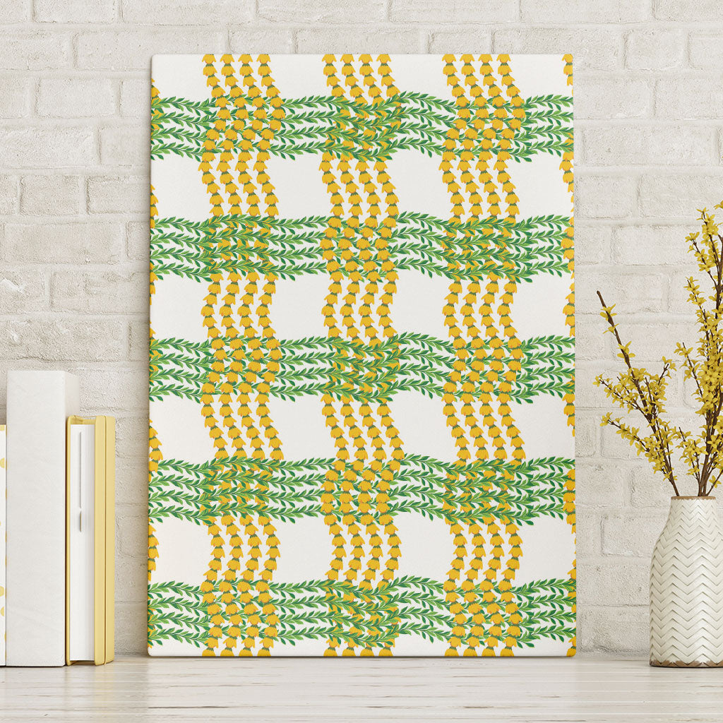 Aloha Hawaii Ilima Maile Lei Canvas Wall Art Palaka Inspired Hawaiian-plaid White