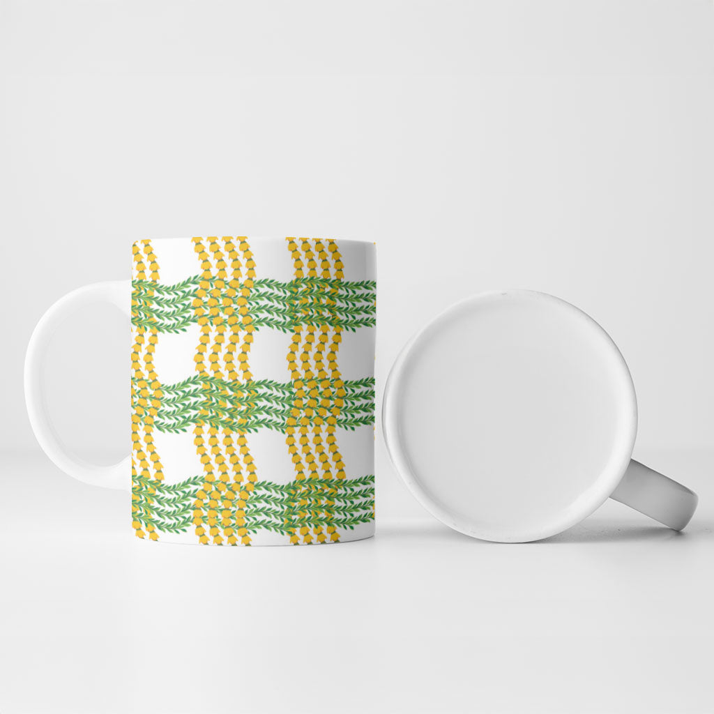 Aloha Hawaii Ilima Maile Lei Ceramic Mug Palaka Inspired Hawaiian-plaid White