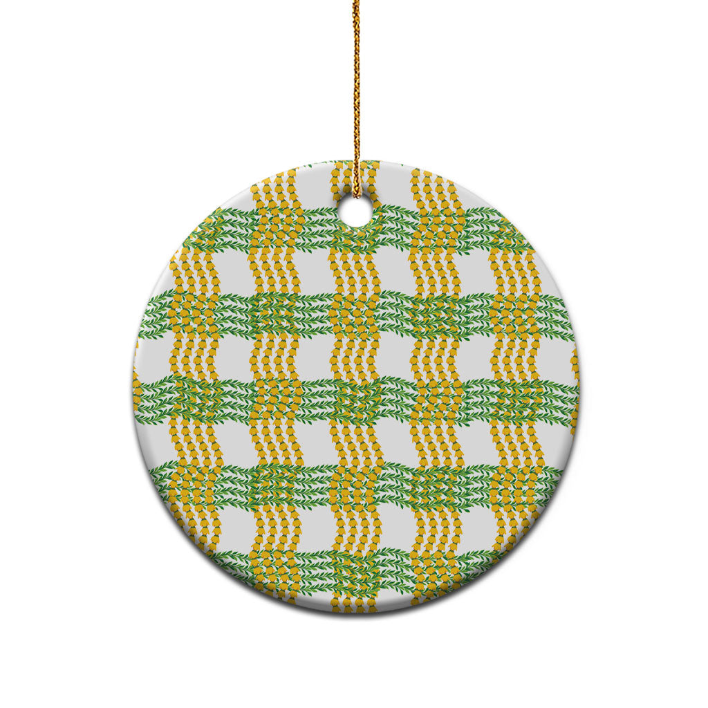 Aloha Hawaii Ilima Maile Lei Ceramic Ornament Palaka Inspired Hawaiian-plaid White