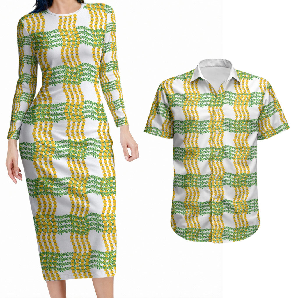 Aloha Hawaii Ilima Maile Lei Couples Matching Long Sleeve Bodycon Dress and Hawaiian Shirt Palaka Inspired Hawaiian-plaid White LT14 White - Polynesian Pride