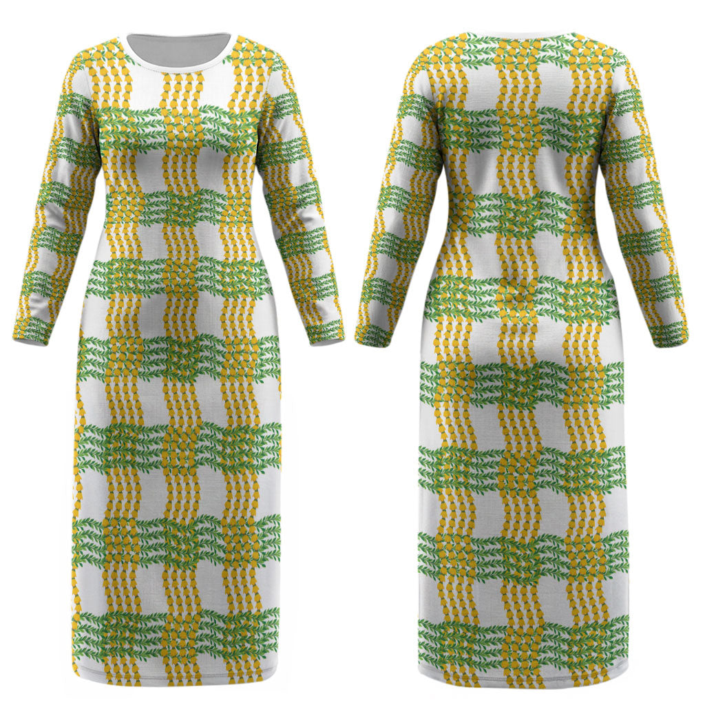 Aloha Hawaii Ilima Maile Lei Couples Matching Long Sleeve Bodycon Dress and Hawaiian Shirt Palaka Inspired Hawaiian-plaid White