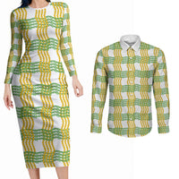 Aloha Hawaii Ilima Maile Lei Couples Matching Long Sleeve Bodycon Dress and Long Sleeve Button Shirt Palaka Inspired Hawaiian-plaid White