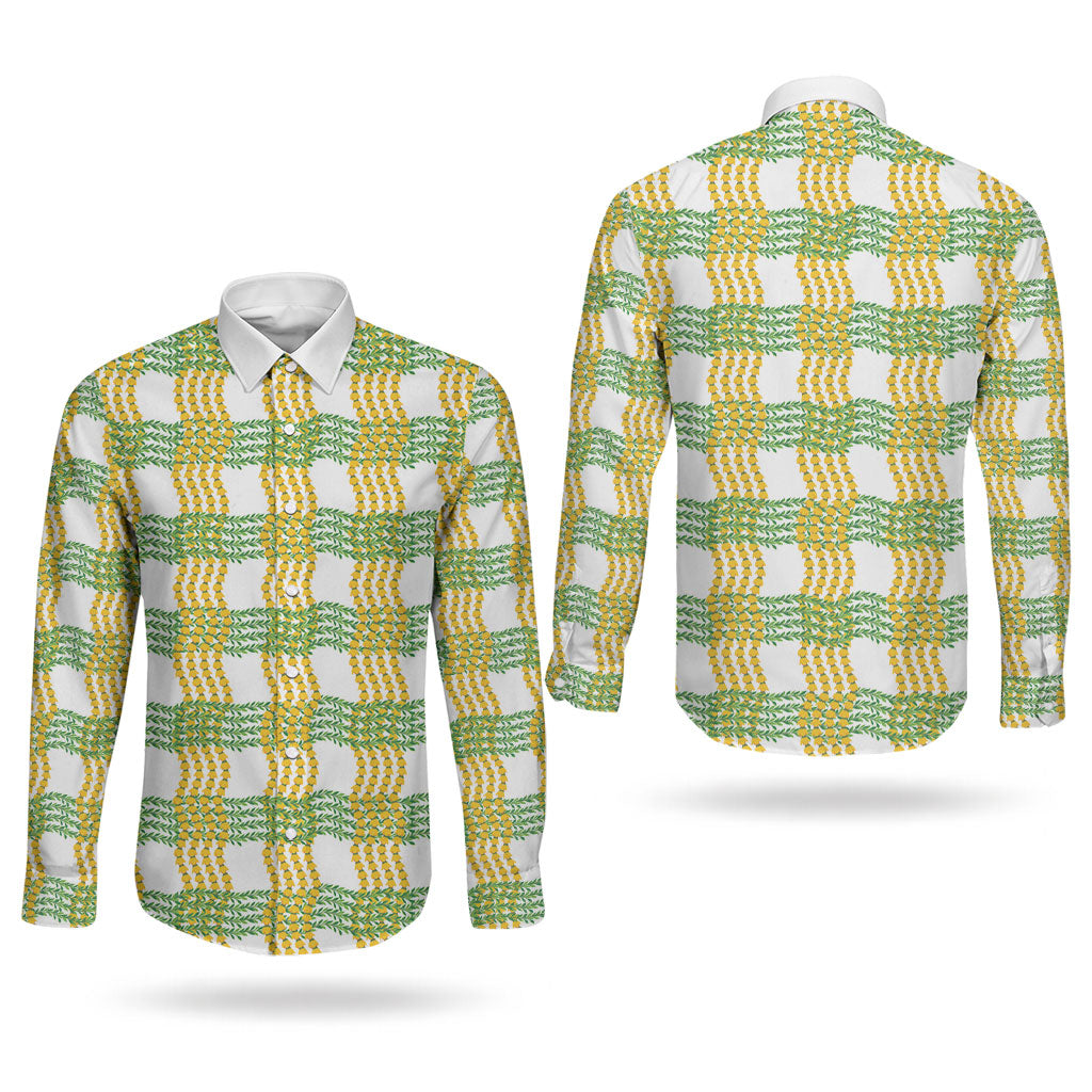 Aloha Hawaii Ilima Maile Lei Couples Matching Long Sleeve Bodycon Dress and Long Sleeve Button Shirt Palaka Inspired Hawaiian-plaid White