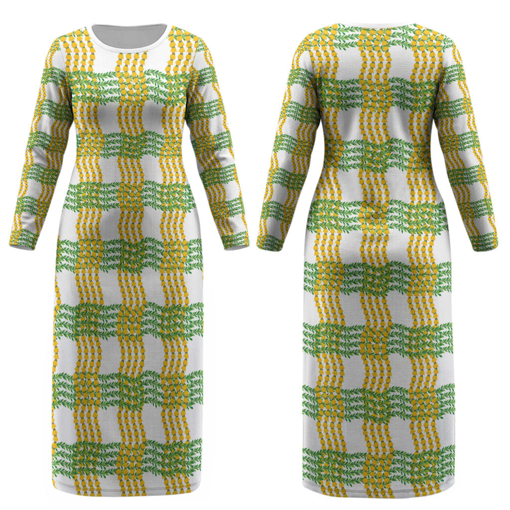Aloha Hawaii Ilima Maile Lei Couples Matching Long Sleeve Bodycon Dress and Long Sleeve Button Shirt Palaka Inspired Hawaiian-plaid White