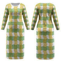 Aloha Hawaii Ilima Maile Lei Couples Matching Long Sleeve Bodycon Dress and Long Sleeve Button Shirt Palaka Inspired Hawaiian-plaid White