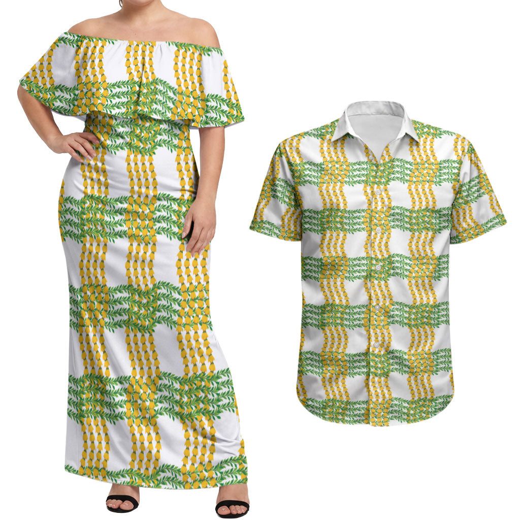 Aloha Hawaii Ilima Maile Lei Couples Matching Off Shoulder Maxi Dress and Hawaiian Shirt Palaka Inspired Hawaiian-plaid White