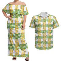 Aloha Hawaii Ilima Maile Lei Couples Matching Off Shoulder Maxi Dress and Hawaiian Shirt Palaka Inspired Hawaiian-plaid White