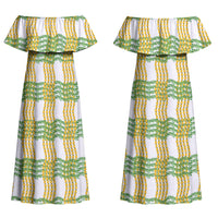 Aloha Hawaii Ilima Maile Lei Couples Matching Off Shoulder Maxi Dress and Hawaiian Shirt Palaka Inspired Hawaiian-plaid White