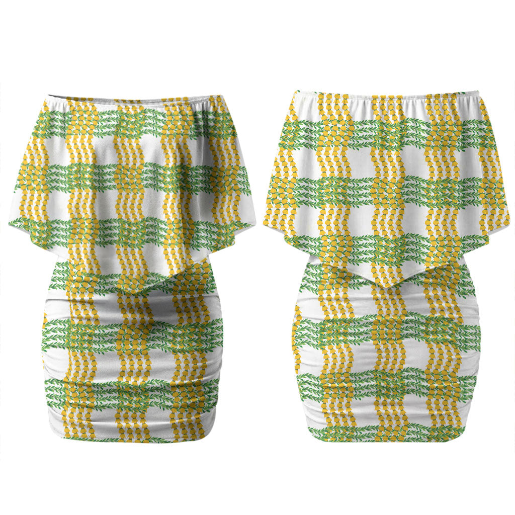Aloha Hawaii Ilima Maile Lei Couples Matching Off Shoulder Short Dress and Hawaiian Shirt Palaka Inspired Hawaiian-plaid White