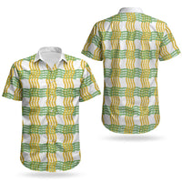 Aloha Hawaii Ilima Maile Lei Couples Matching Off Shoulder Short Dress and Hawaiian Shirt Palaka Inspired Hawaiian-plaid White