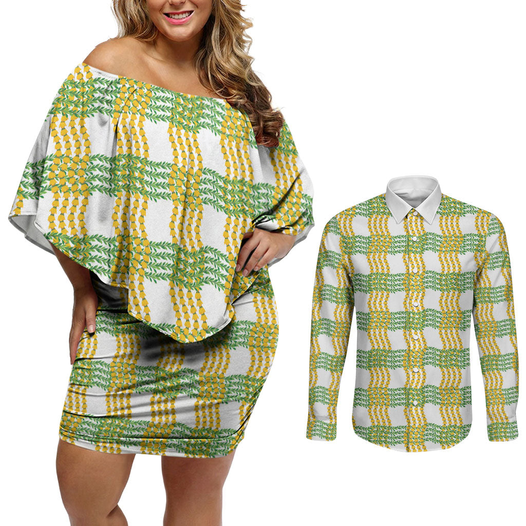Aloha Hawaii Ilima Maile Lei Couples Matching Off Shoulder Short Dress and Long Sleeve Button Shirt Palaka Inspired Hawaiian-plaid White