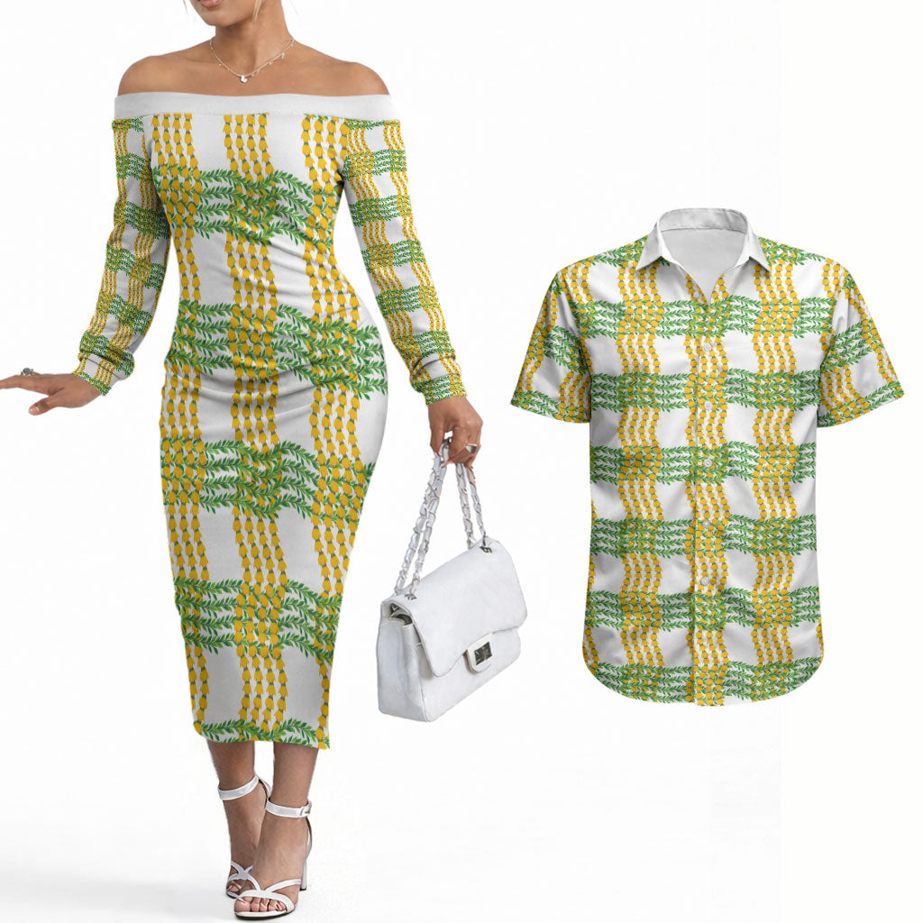 Aloha Hawaii Ilima Maile Lei Couples Matching Off The Shoulder Long Sleeve Dress and Hawaiian Shirt Palaka Inspired Hawaiian-plaid White LT14 White - Polynesian Pride