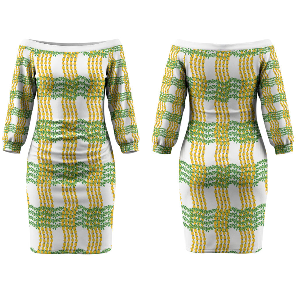Aloha Hawaii Ilima Maile Lei Couples Matching Off The Shoulder Long Sleeve Dress and Hawaiian Shirt Palaka Inspired Hawaiian-plaid White
