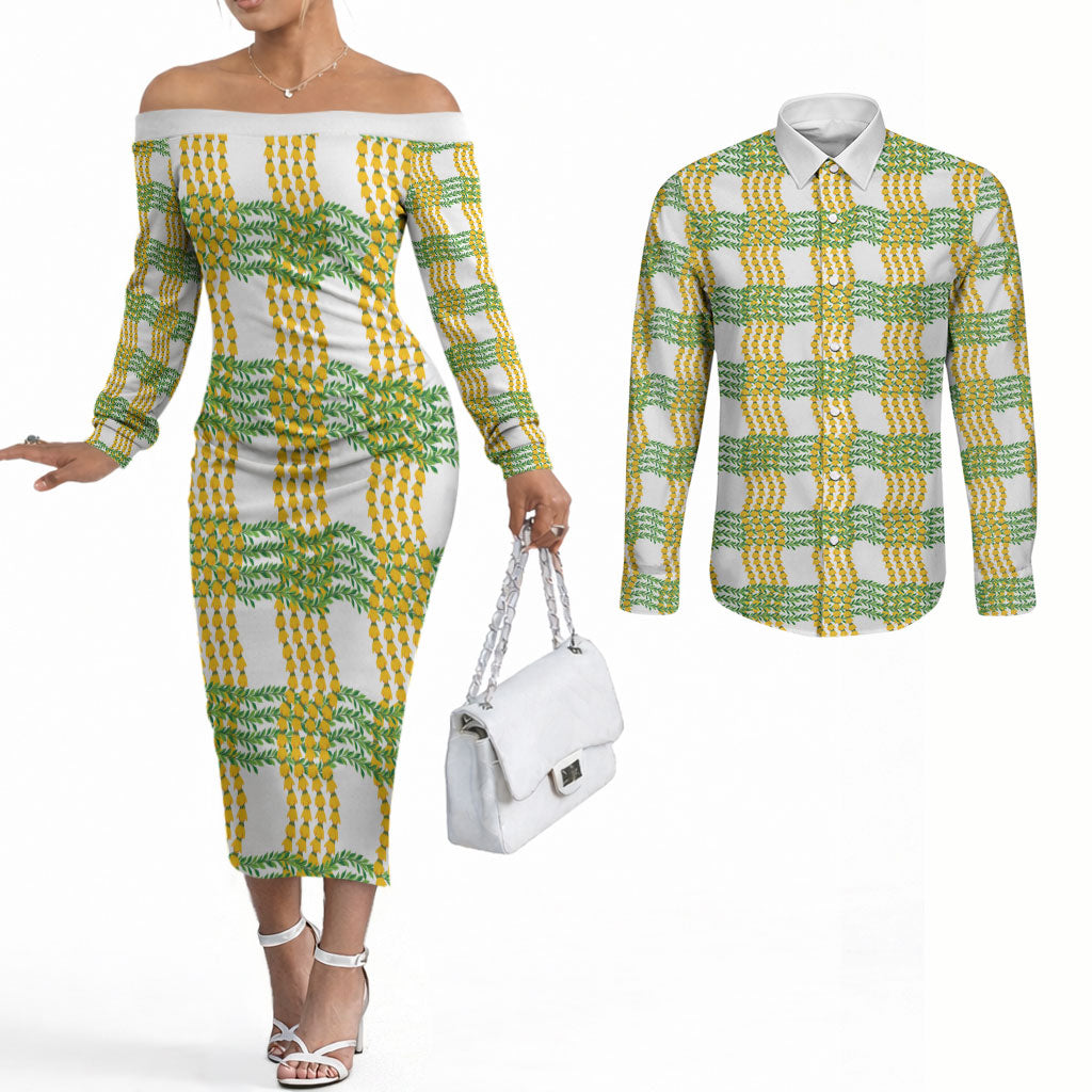 Aloha Hawaii Ilima Maile Lei Couples Matching Off The Shoulder Long Sleeve Dress and Long Sleeve Button Shirt Palaka Inspired Hawaiian-plaid White