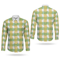 Aloha Hawaii Ilima Maile Lei Couples Matching Off The Shoulder Long Sleeve Dress and Long Sleeve Button Shirt Palaka Inspired Hawaiian-plaid White