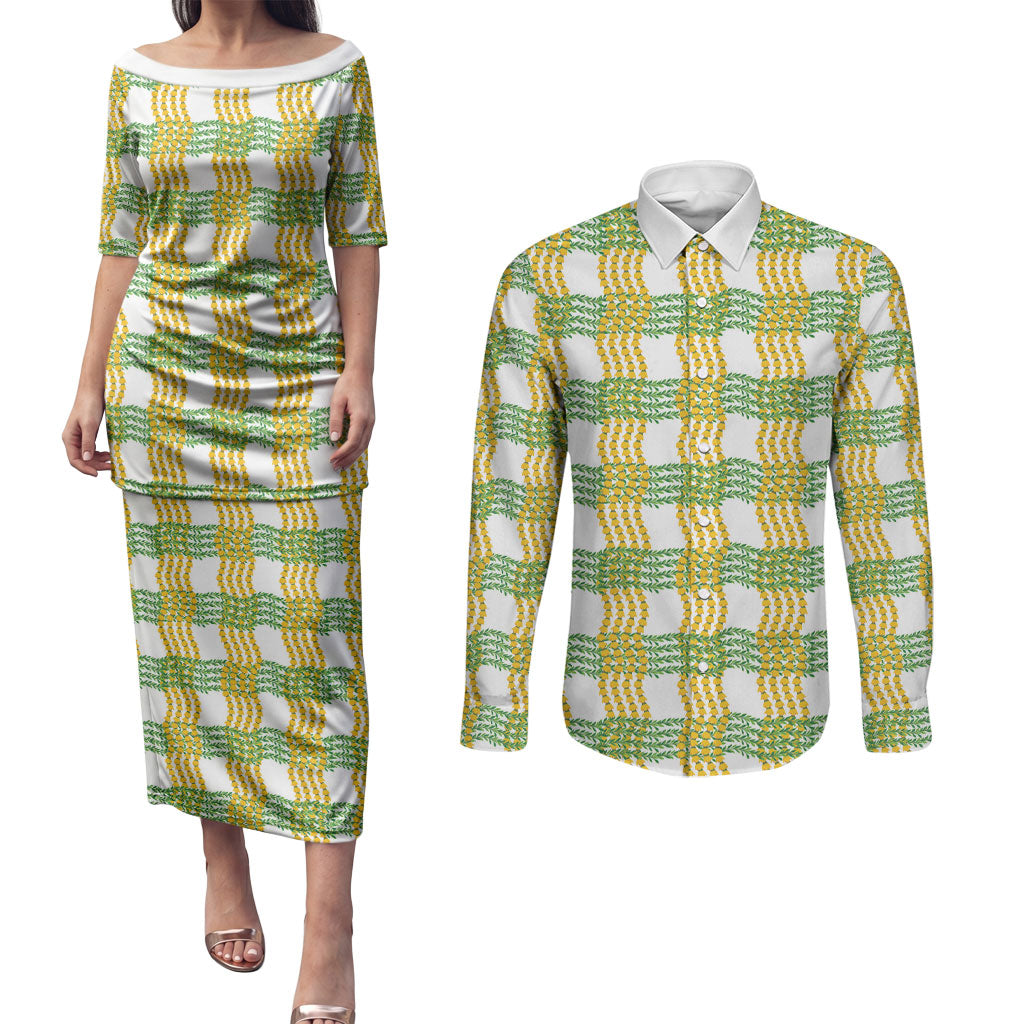 Aloha Hawaii Ilima Maile Lei Couples Matching Puletasi and Long Sleeve Button Shirt Palaka Inspired Hawaiian-plaid White