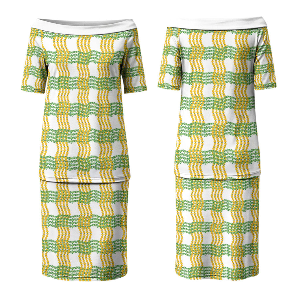 Aloha Hawaii Ilima Maile Lei Couples Matching Puletasi and Long Sleeve Button Shirt Palaka Inspired Hawaiian-plaid White