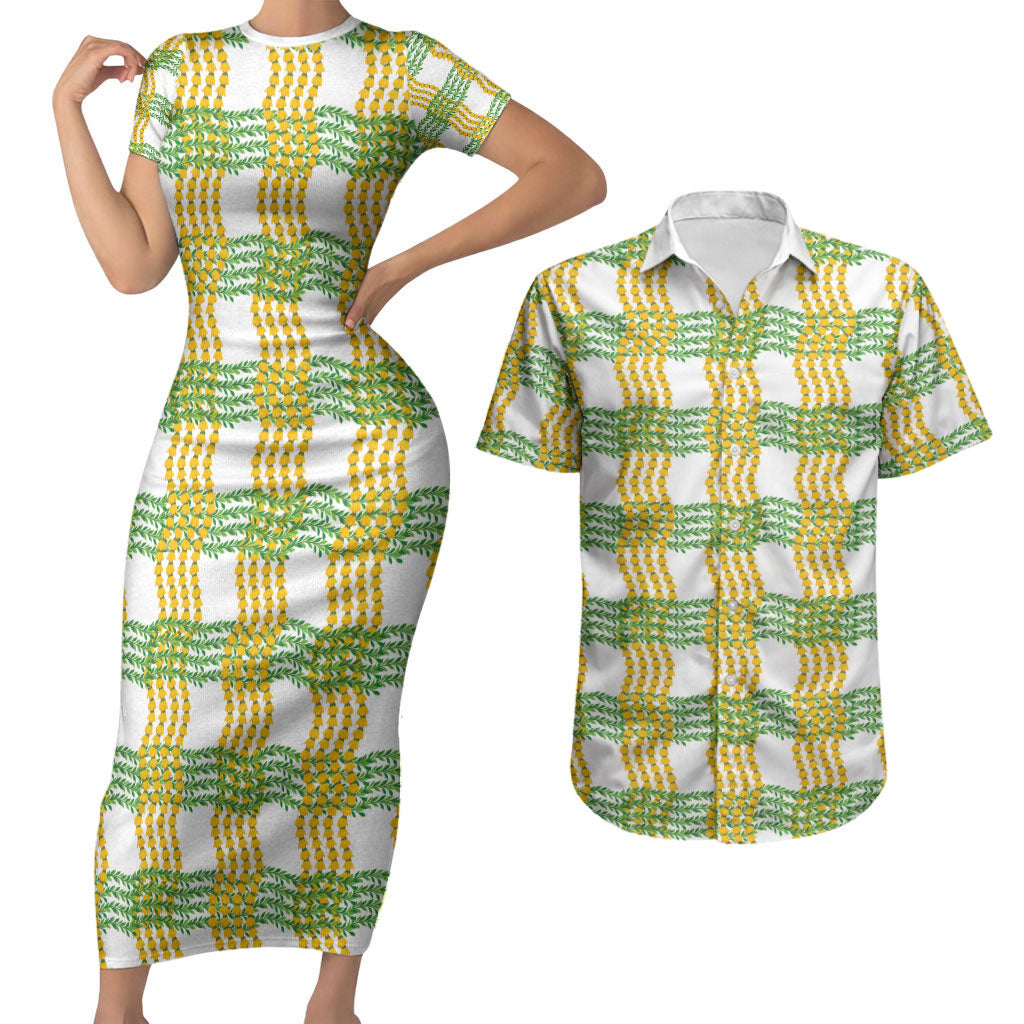 Aloha Hawaii Ilima Maile Lei Couples Matching Short Sleeve Bodycon Dress and Hawaiian Shirt Palaka Inspired Hawaiian-plaid White LT14 White - Polynesian Pride