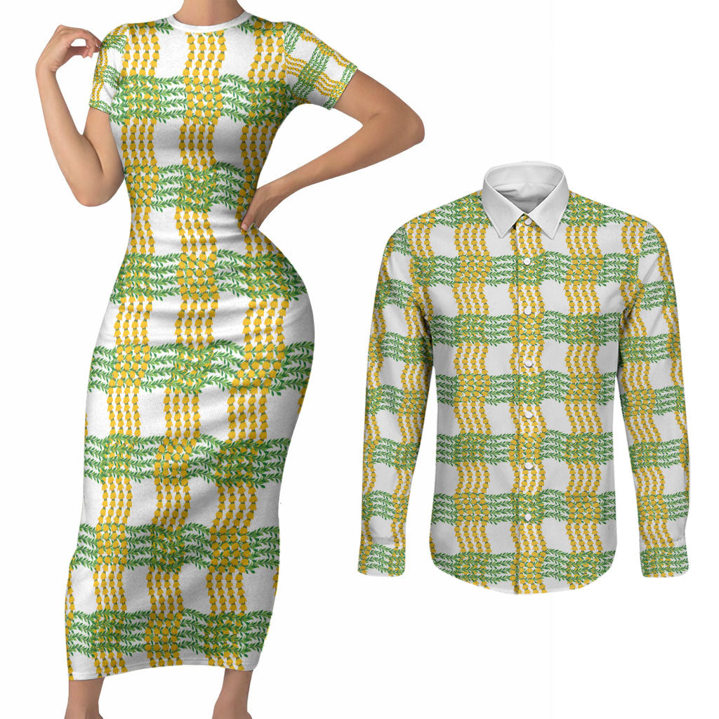 Aloha Hawaii Ilima Maile Lei Couples Matching Short Sleeve Bodycon Dress and Long Sleeve Button Shirt Palaka Inspired Hawaiian-plaid White