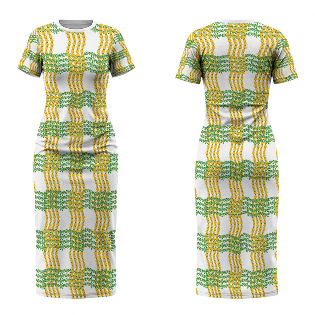 Aloha Hawaii Ilima Maile Lei Couples Matching Short Sleeve Bodycon Dress and Long Sleeve Button Shirt Palaka Inspired Hawaiian-plaid White