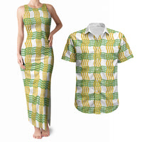 Aloha Hawaii Ilima Maile Lei Couples Matching Tank Maxi Dress and Hawaiian Shirt Palaka Inspired Hawaiian-plaid White