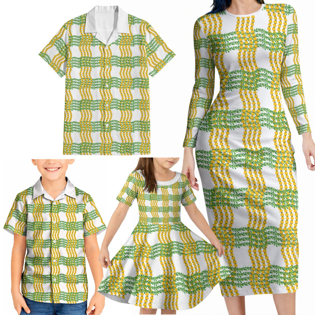 Aloha Hawaii Ilima Maile Lei Family Matching Long Sleeve Bodycon Dress and Hawaiian Shirt Palaka Inspired Hawaiian-plaid White LT14 - Polynesian Pride