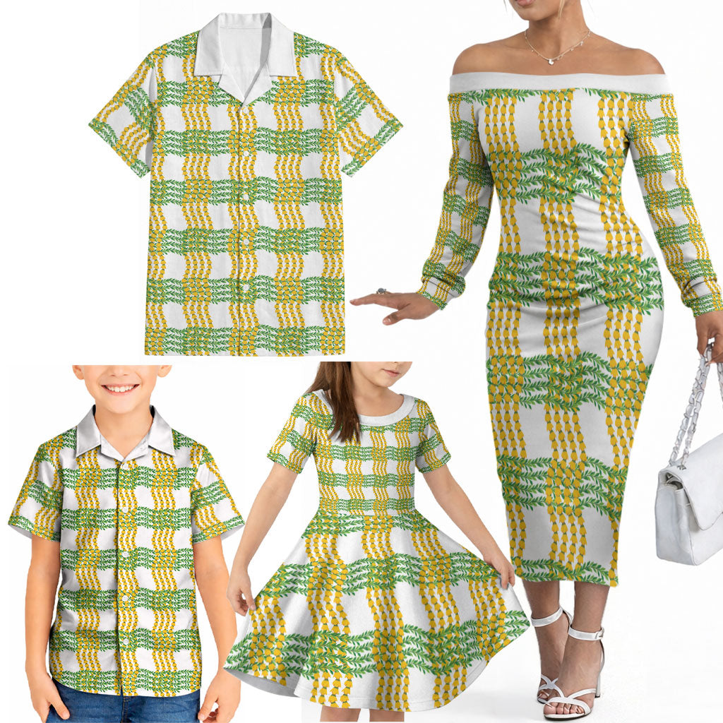 Aloha Hawaii Ilima Maile Lei Family Matching Off The Shoulder Long Sleeve Dress and Hawaiian Shirt Palaka Inspired Hawaiian-plaid White LT14 - Polynesian Pride
