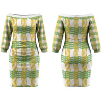 Aloha Hawaii Ilima Maile Lei Family Matching Off The Shoulder Long Sleeve Dress and Hawaiian Shirt Palaka Inspired Hawaiian-plaid White