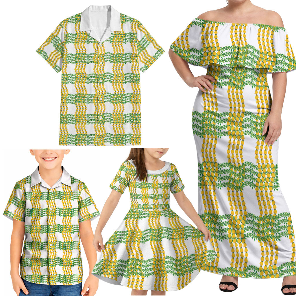 Aloha Hawaii Ilima Maile Lei Family Matching Off Shoulder Maxi Dress and Hawaiian Shirt Palaka Inspired Hawaiian-plaid White LT14 - Polynesian Pride