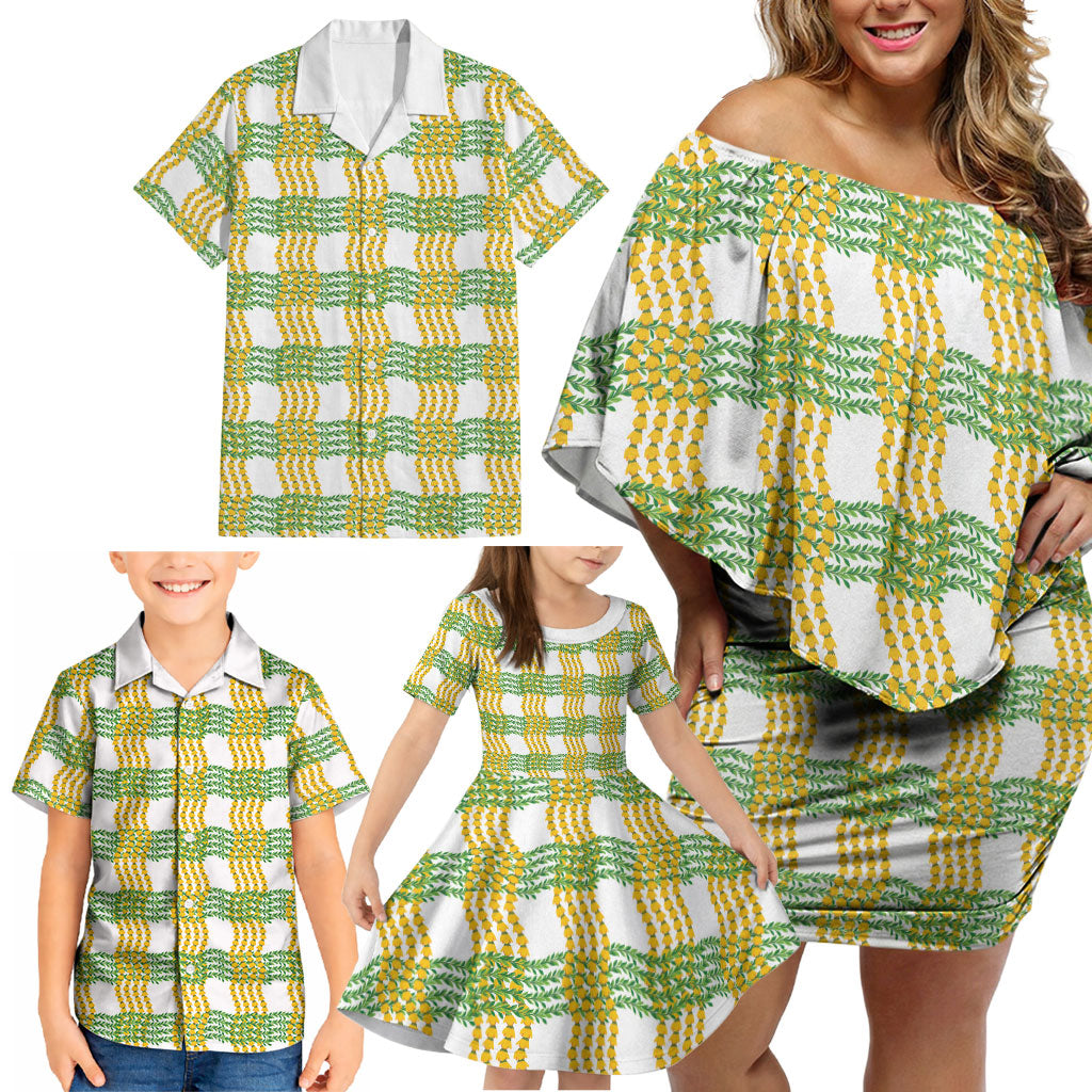 Aloha Hawaii Ilima Maile Lei Family Matching Off Shoulder Short Dress and Hawaiian Shirt Palaka Inspired Hawaiian-plaid White LT14 - Polynesian Pride