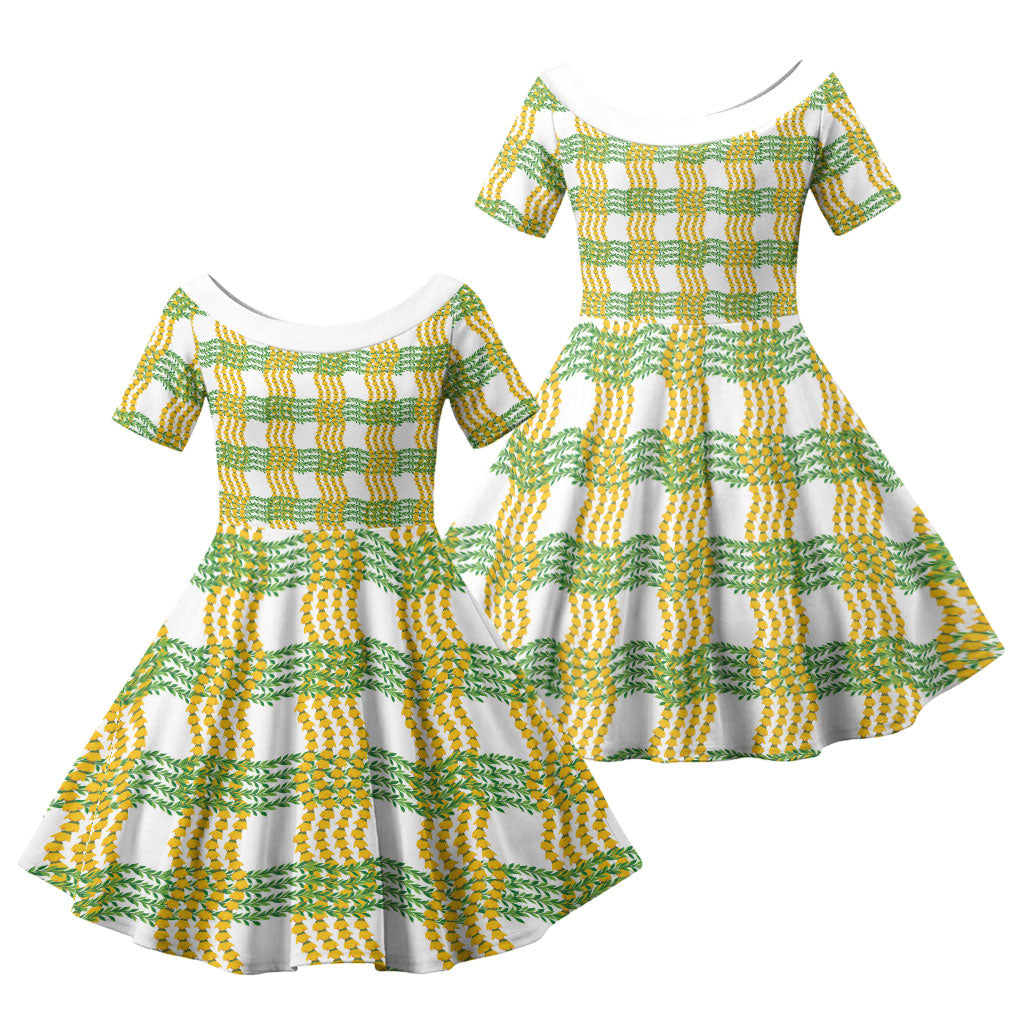 Aloha Hawaii Ilima Maile Lei Family Matching Puletasi and Hawaiian Shirt Palaka Inspired Hawaiian-plaid White