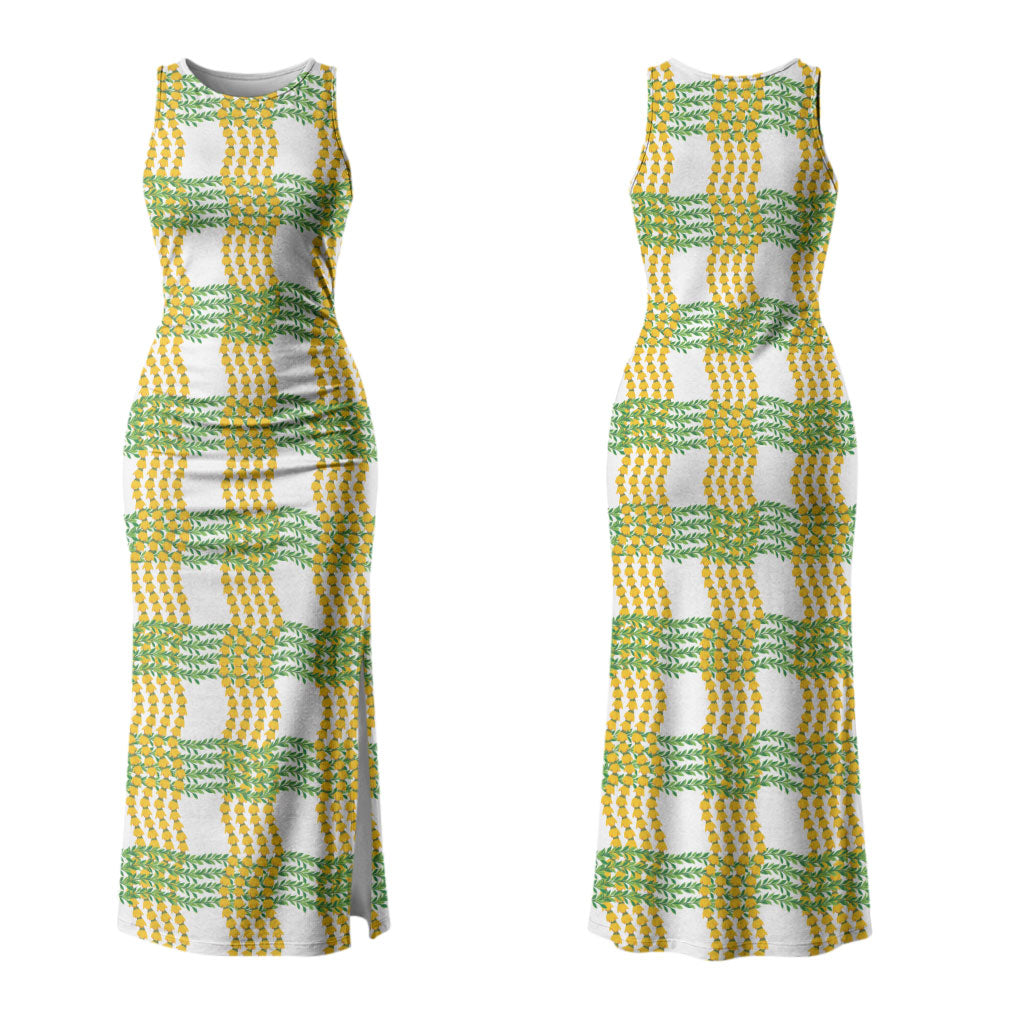 Aloha Hawaii Ilima Maile Lei Family Matching Tank Maxi Dress and Hawaiian Shirt Palaka Inspired Hawaiian-plaid White