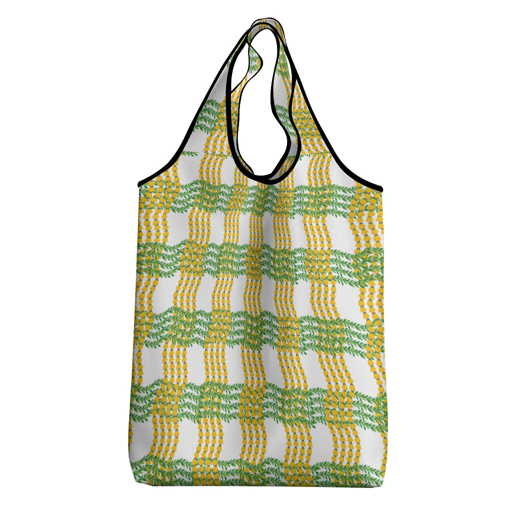 Aloha Hawaii Ilima Maile Lei Grocery Bag Palaka Inspired Hawaiian-plaid White
