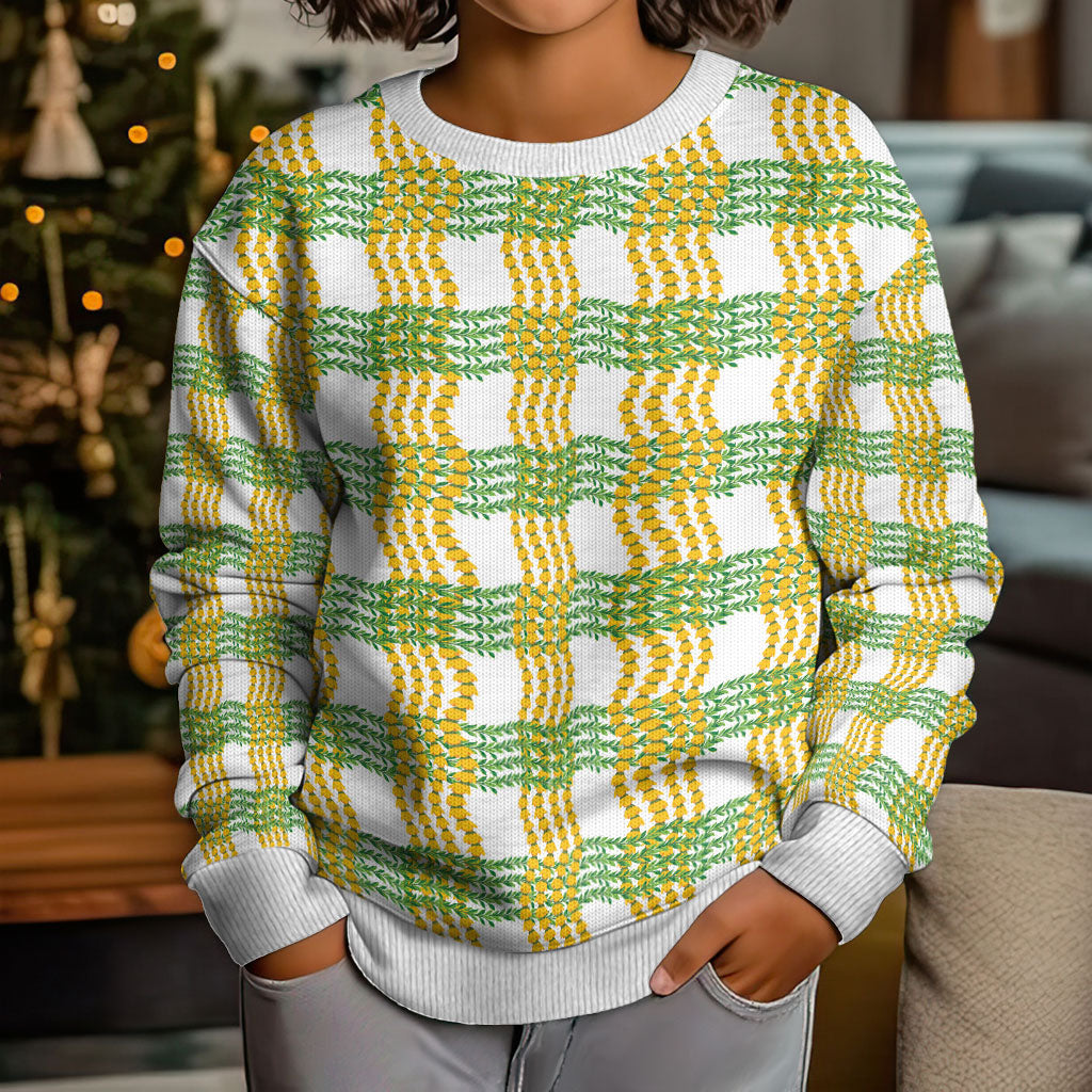 Aloha Hawaii Ilima Maile Lei Kid Ugly Christmas Sweater Palaka Inspired Hawaiian-plaid White