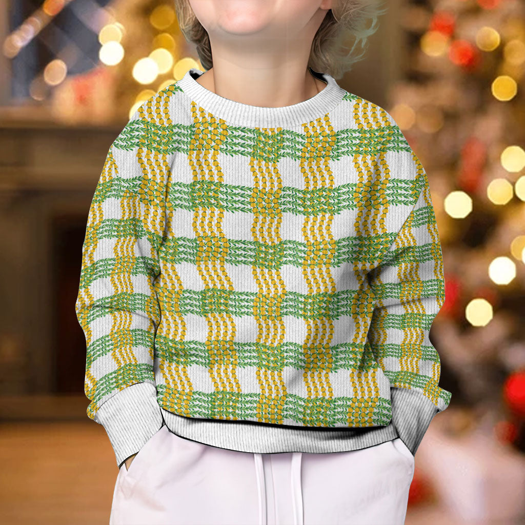 Aloha Hawaii Ilima Maile Lei Kid Ugly Christmas Sweater Palaka Inspired Hawaiian-plaid White