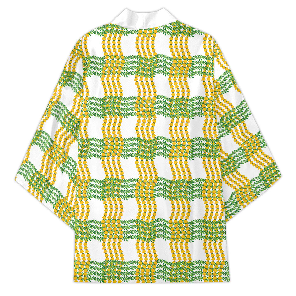 Aloha Hawaii Ilima Maile Lei Kimono Palaka Inspired Hawaiian-plaid White