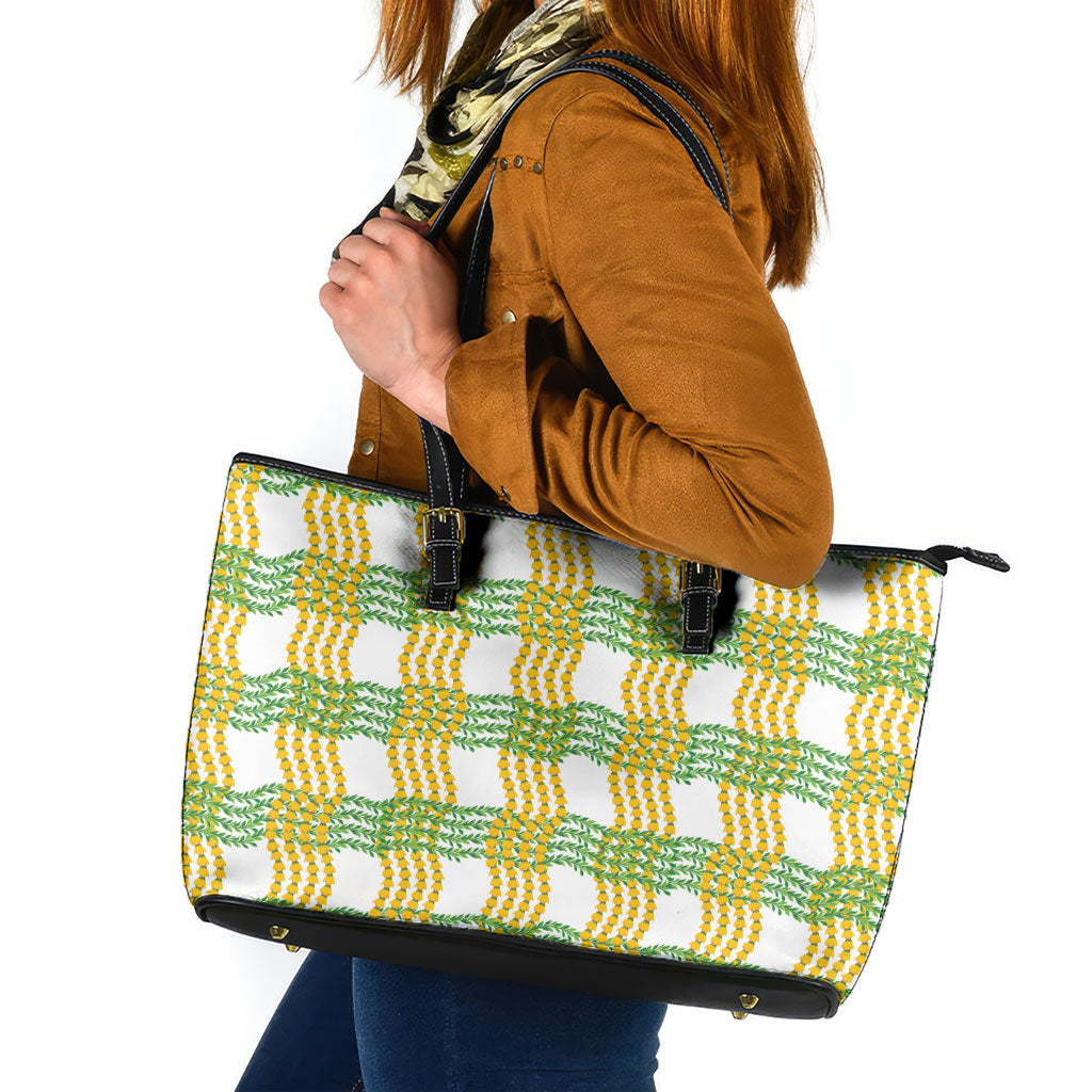 Aloha Hawaii Ilima Maile Lei Leather Tote Bag Palaka Inspired Hawaiian-plaid White LT14 White - Polynesian Pride