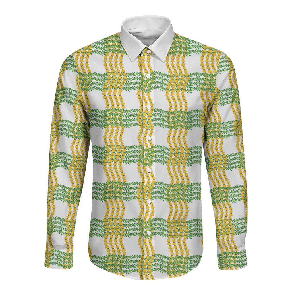 Aloha Hawaii Ilima Maile Lei Long Sleeve Button Shirt Palaka Inspired Hawaiian-plaid White