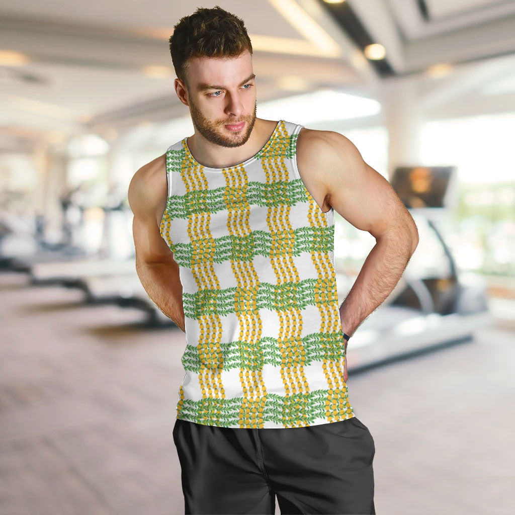 Aloha Hawaii Ilima Maile Lei Men Tank Top Palaka Inspired Hawaiian-plaid White LT14 White - Polynesian Pride