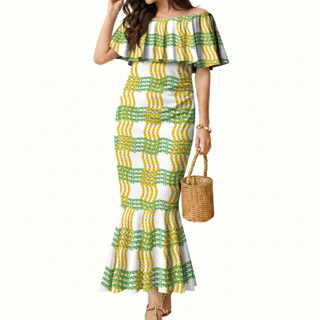 Aloha Hawaii Ilima Maile Lei Mermaid Dress Palaka Inspired Hawaiian-plaid White