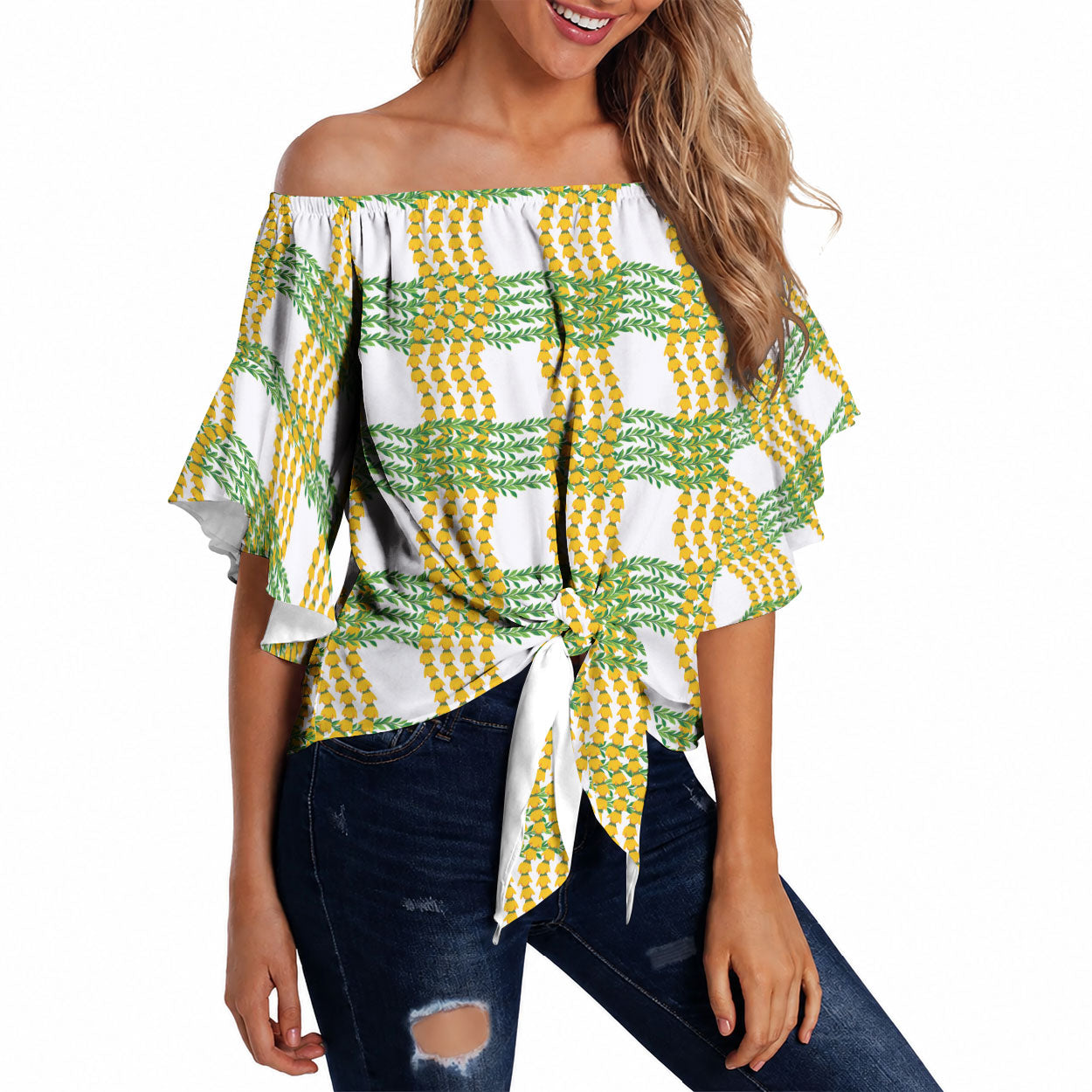 Aloha Hawaii Ilima Maile Lei Off Shoulder Wrap Waist Top Palaka Inspired Hawaiian-plaid White LT14 White - Polynesian Pride