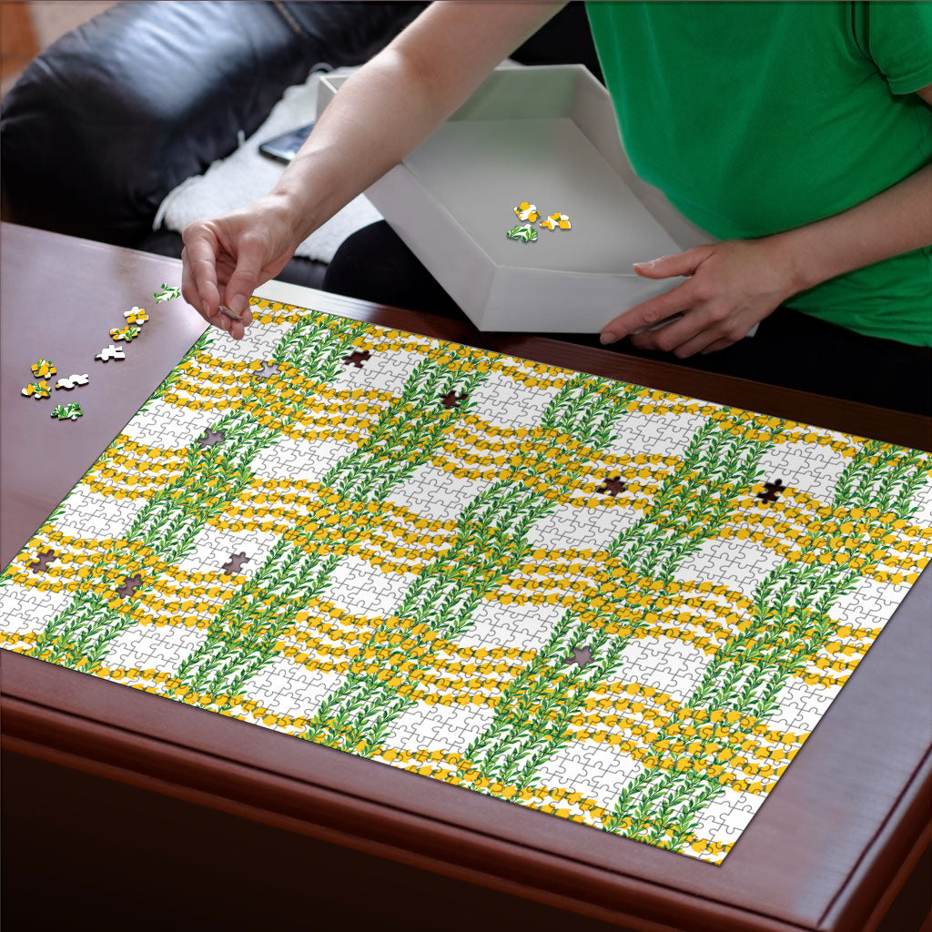 Aloha Hawaii Ilima Maile Lei Puzzle Palaka Inspired Hawaiian-plaid White